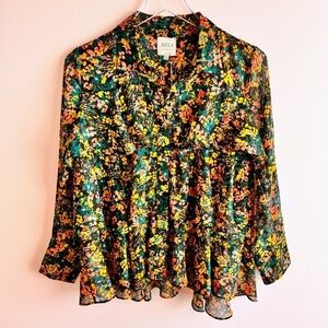 NEW MISA Blouse size XS Floral Ruffle Metallic Thread
